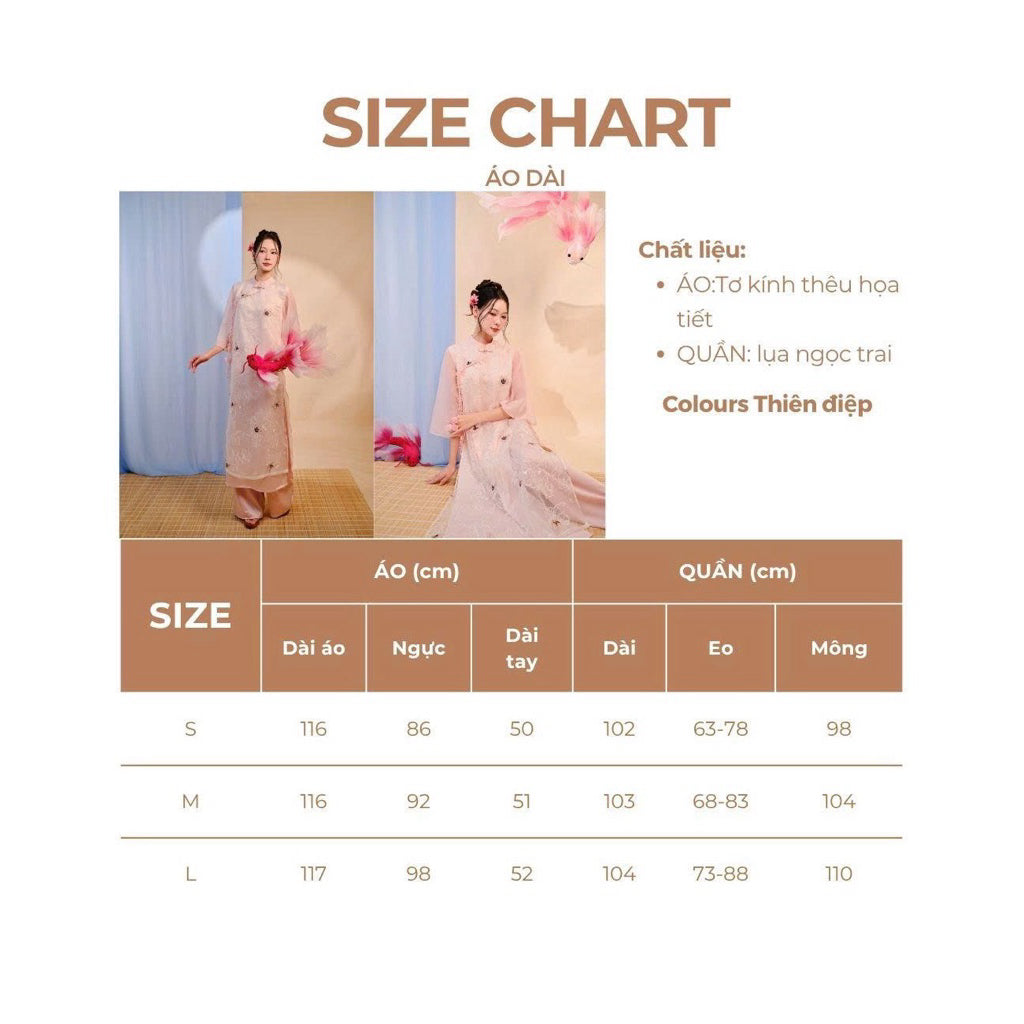 Thien Diep women's ao dai with delicately embroidered butterfly and flower motifs, made of silk mixed with pink and white satin silk - SD279 LANA DESIGN