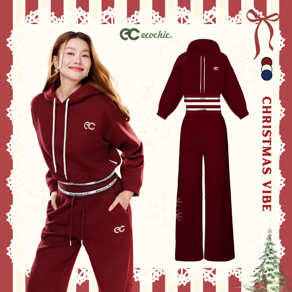 Set Bộ Nỉ Mịn ECOCHIC VELOCITY SET Áo Crop Hoodie Phối Bo Sọc Quần Suông Chất Liệu Cao Cấp HNH B204