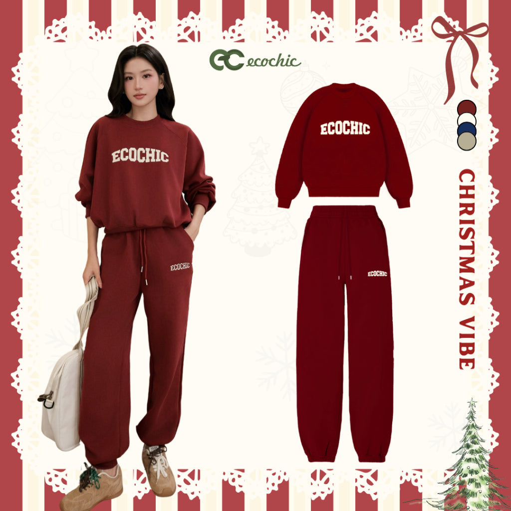 (LINK SALE) Set Bộ ECOCHIC CRIMSON WINTER Áo Sweater Quần Jogger Bo Gấu Chất Liệu Nỉ Hai Da Cao Cấp B187