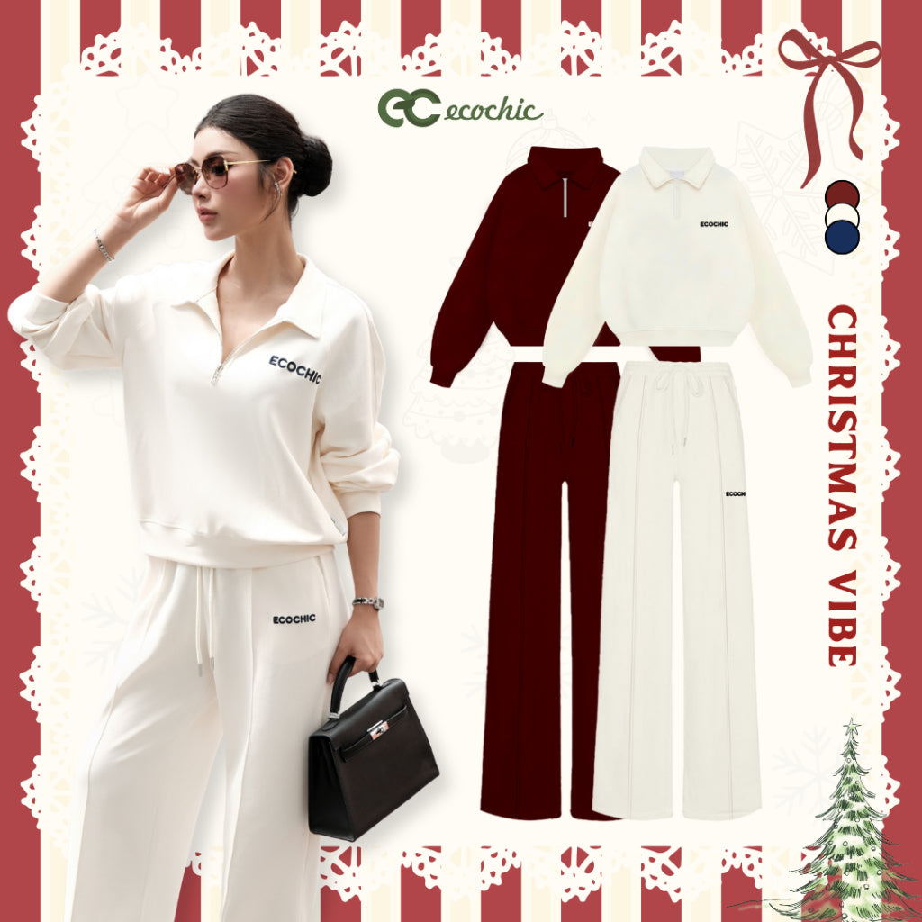 ECOCHIC Set - Crop Half-Zip Top and High-Waisted Wide-Leg Pants with Drawstring, Made from Premium Xiaomi Fabric B191