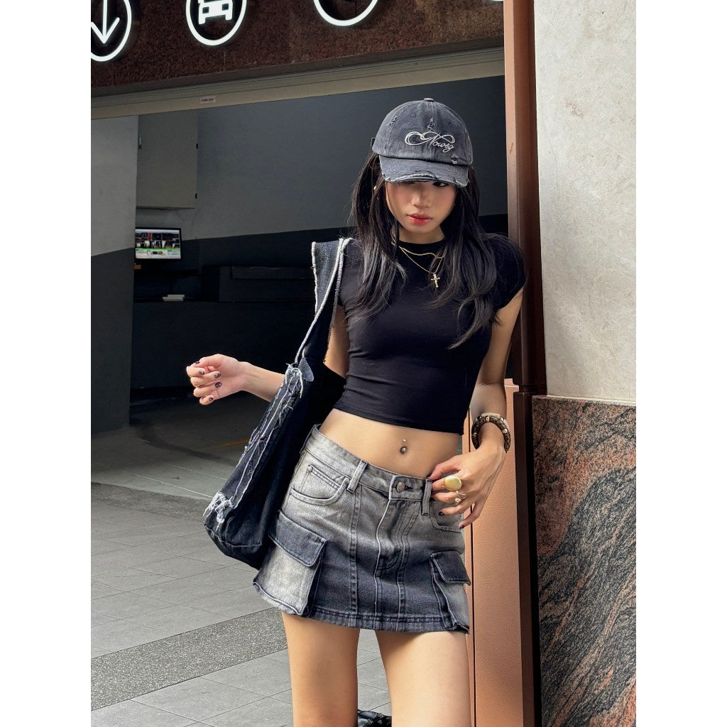NEEDS OF WISDOM Denim Cargo Mini Skirt - Washed Gray - Genuine Local Brand
