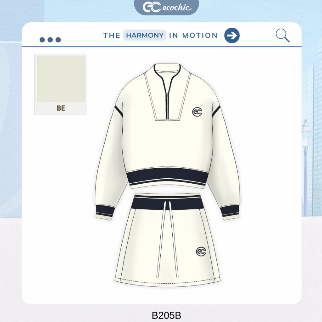 ECOCHIC Skirt Set with Zip-Neck Crop Top and Trim, Premium Smooth Fleece Material, Genuine B217