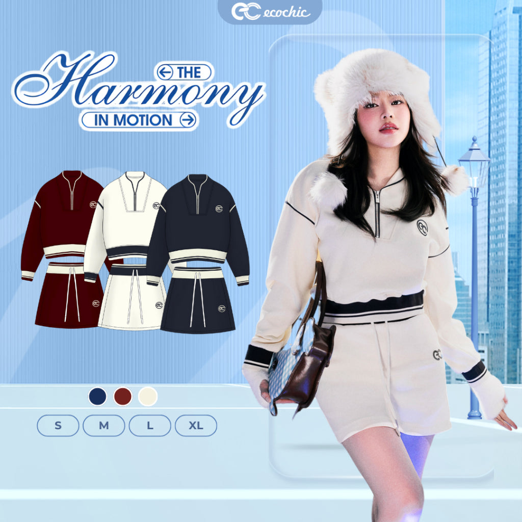 ECOCHIC Skirt Set with Zip-Neck Crop Top and Trim, Premium Smooth Fleece Material, Genuine B217