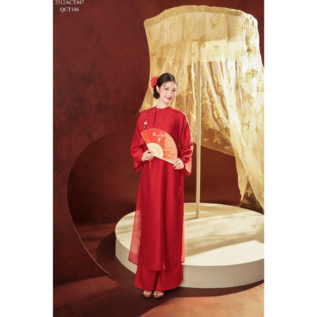 Traditional Tet Ao Dai dress with round neckline, curved placket, and button details (Pants not included) 2512ACT447