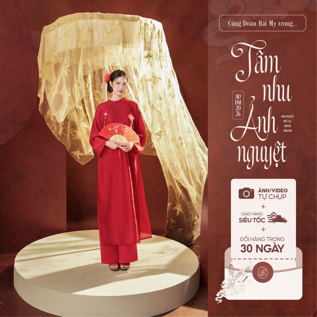 Traditional Tet Ao Dai dress with round neckline, curved placket, and button details (Pants not included) 2512ACT447