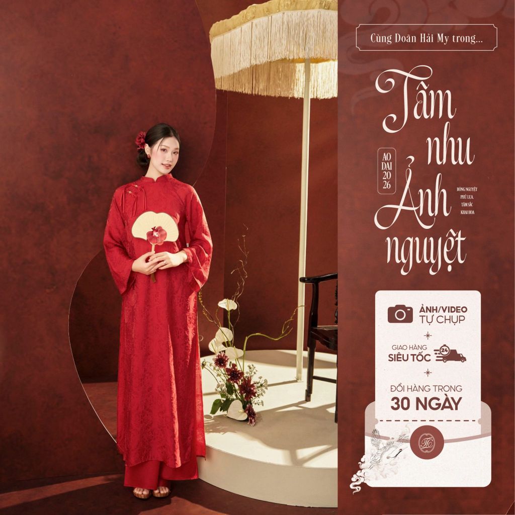 Traditional Tet Ao Dai dress with mandarin collar, loose fit, and bow detail (Pants not included) 2512ACT425