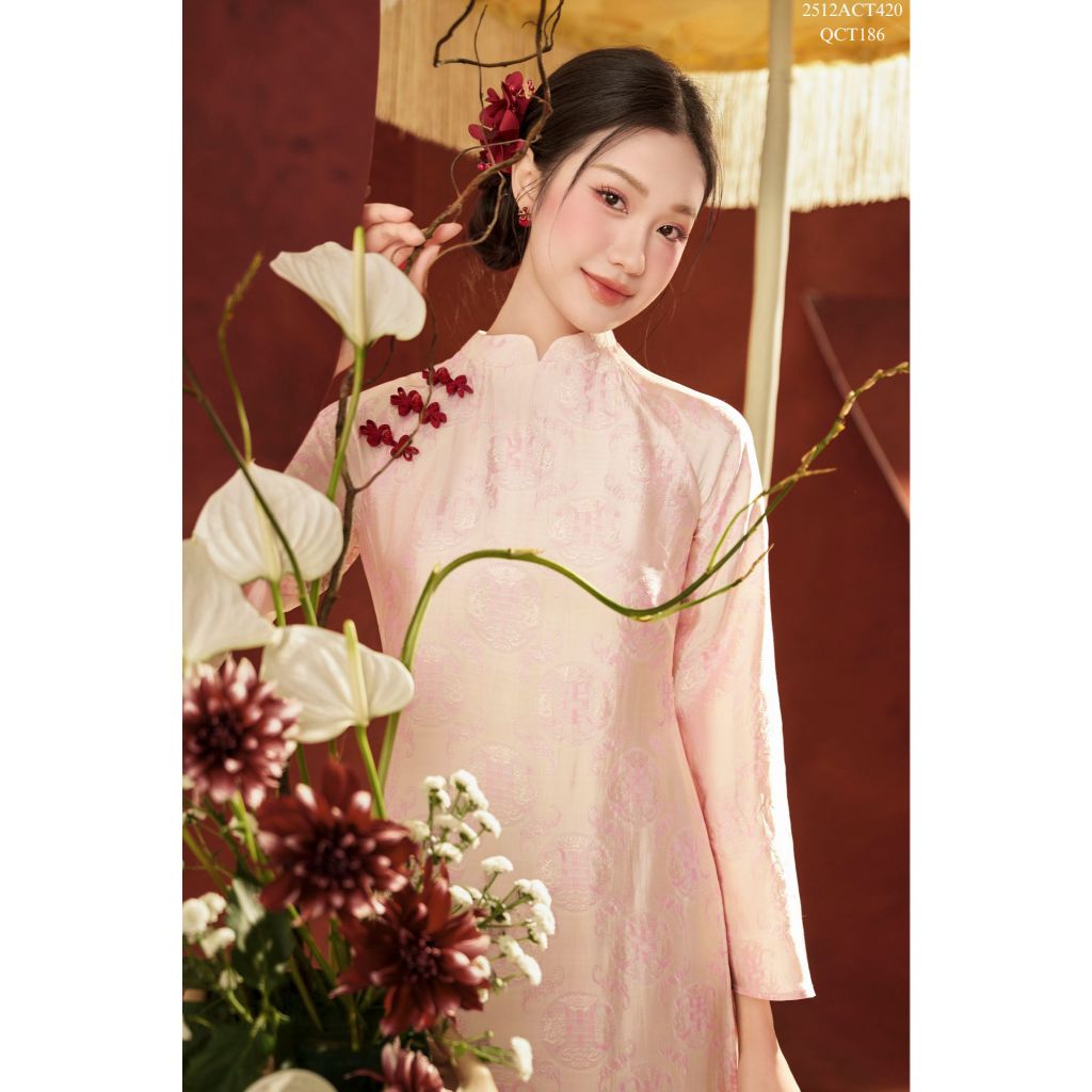 Traditional Tet Ao Dai dress with mandarin collar and three delicate embellishments 2512ACT420