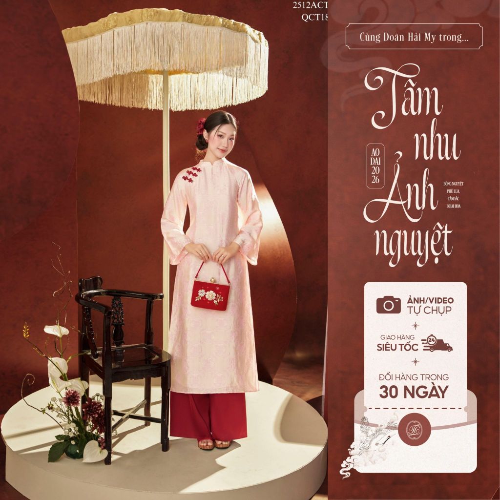 Traditional Tet Ao Dai dress with mandarin collar and three delicate embellishments 2512ACT420