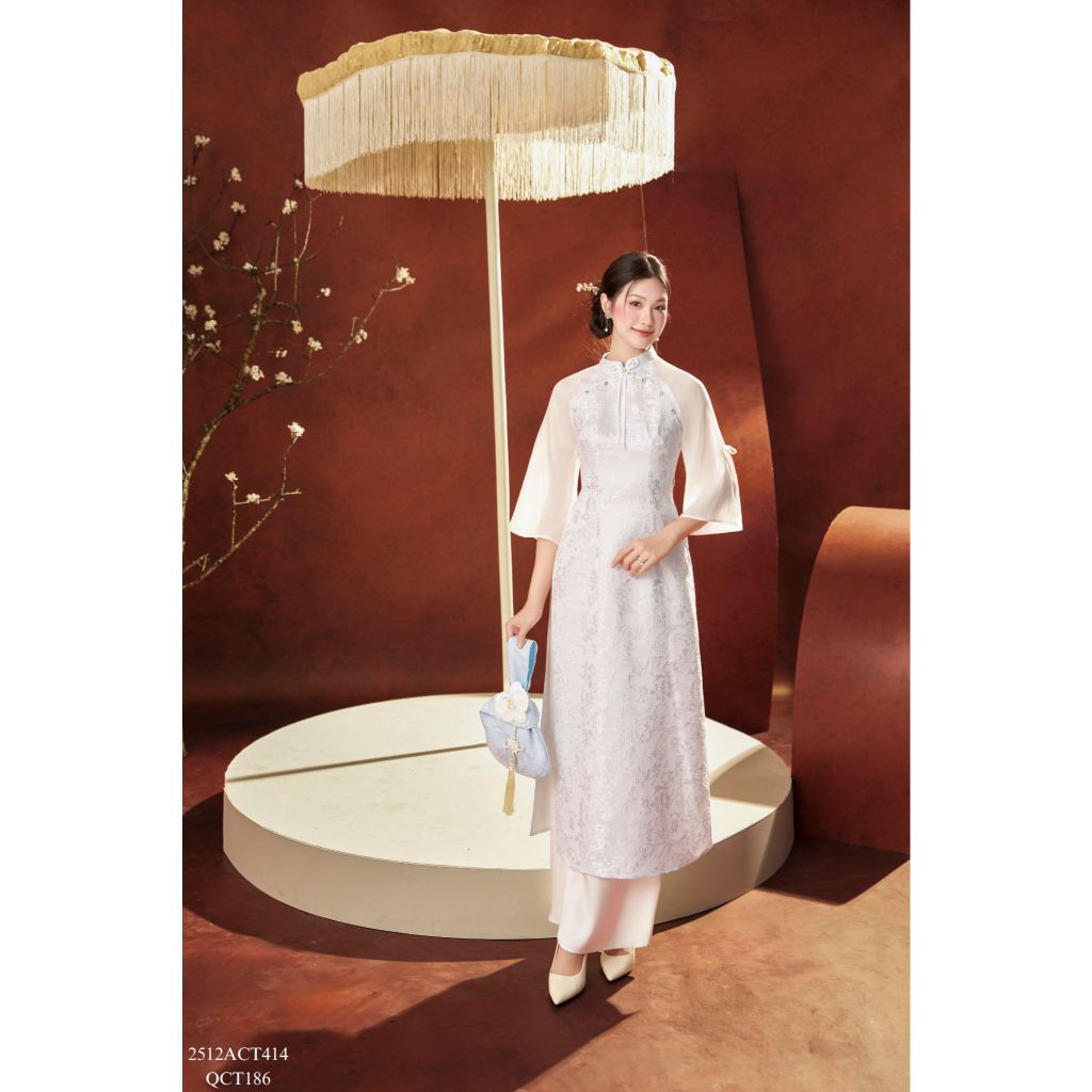 Traditional Tet Ao Dai dress with mandarin collar and bow-trimmed sleeves (Pants not included) 2512ACT414