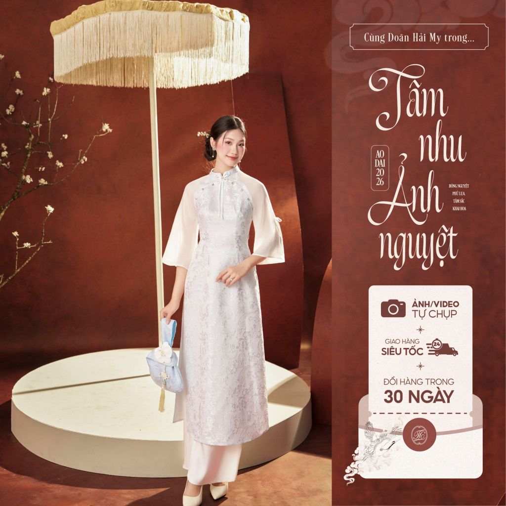 Traditional Tet Ao Dai dress with mandarin collar and bow-trimmed sleeves (Pants not included) 2512ACT414