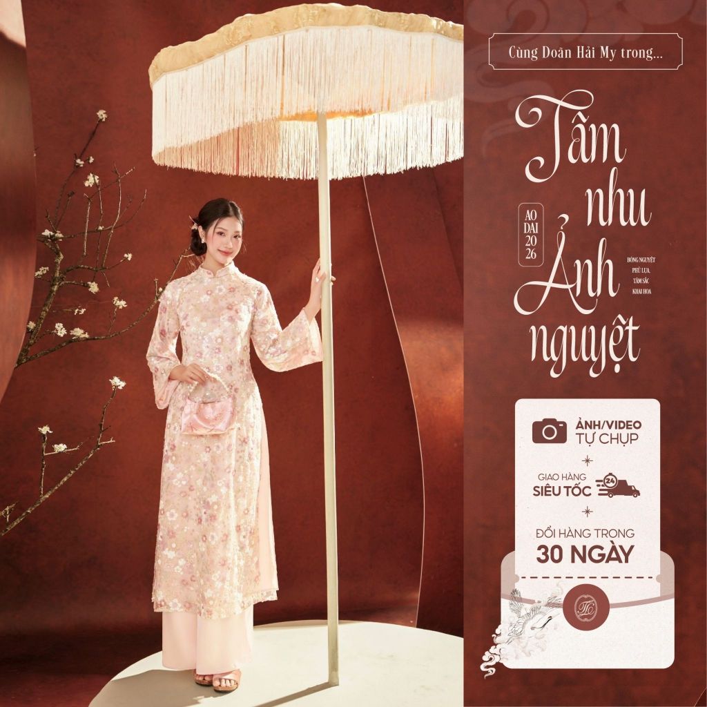 Traditional Tet Ao Dai dress with gold sequin design, mandarin collar, and four panels (Pants not included) 2512ACT449