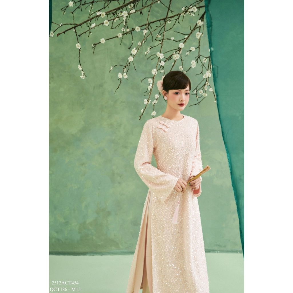 Traditional Tet Ao Dai dress with round neckline and gold sequin buttons (Pants not included) 2512ACT454
