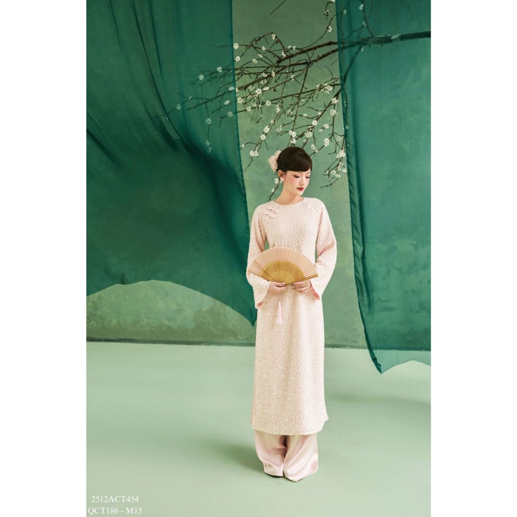 Traditional Tet Ao Dai dress with round neckline and gold sequin buttons (Pants not included) 2512ACT454