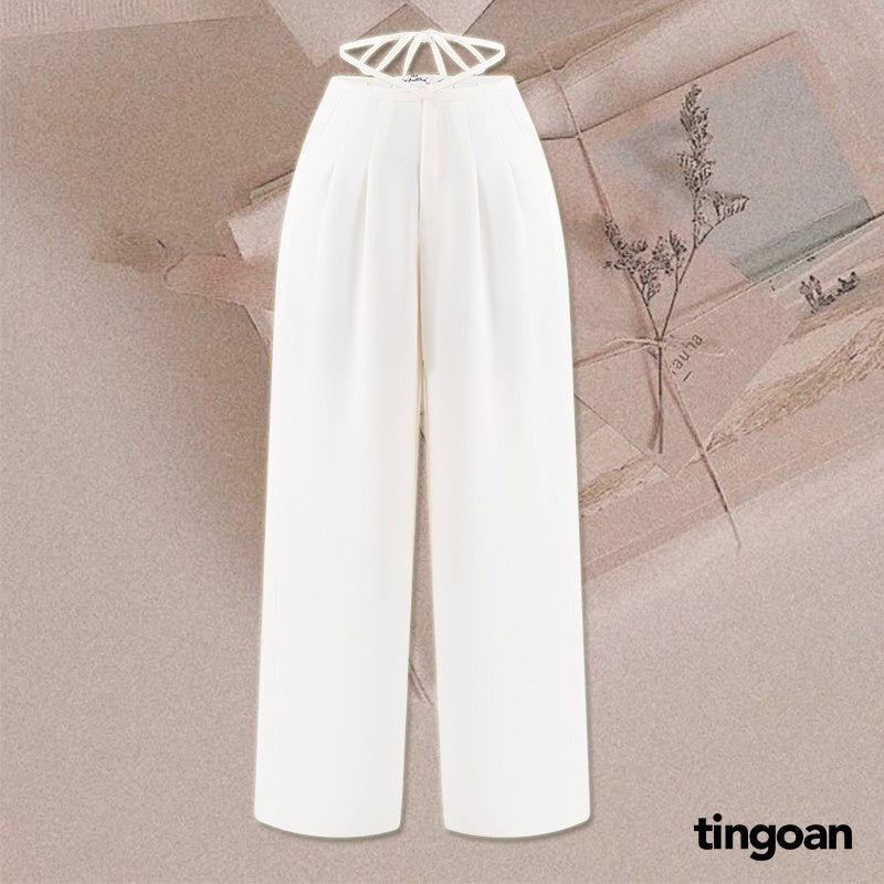 TINGOAN® - JANE CULOTTES v2/WH white wide-leg trousers with wrinkle-free waistband