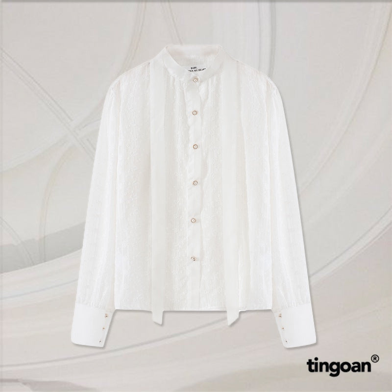 TINGOAN® - Áo somi xuyên thấu cổ đứng kèm dây phối bóng kính trắng GLOSSIE BLOUSE/WH