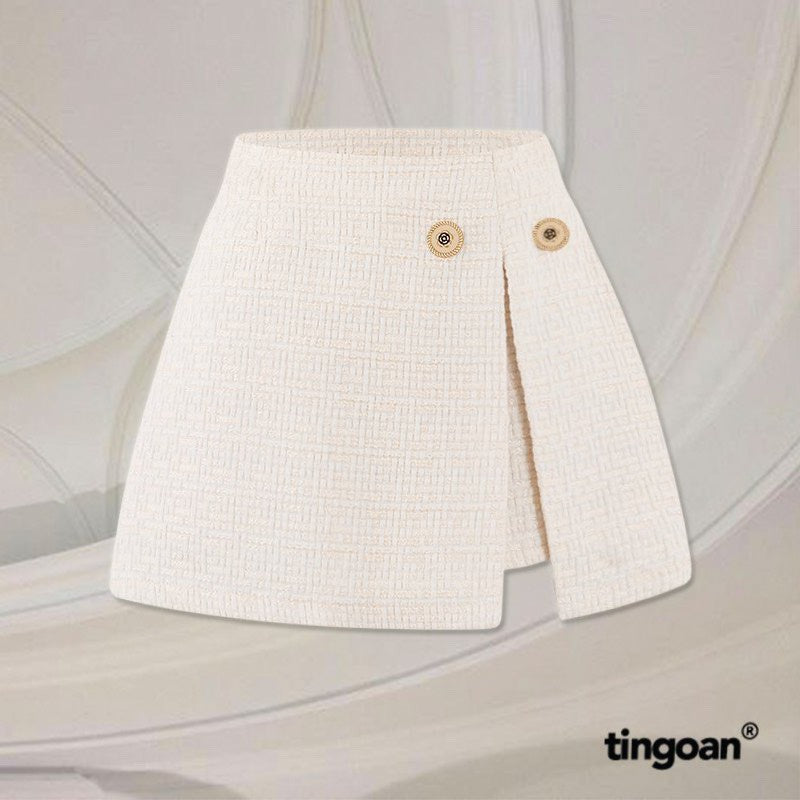 TINGOAN® - High waisted tweed skirt with white flap IN PARIS TWEED SKIRT/WH