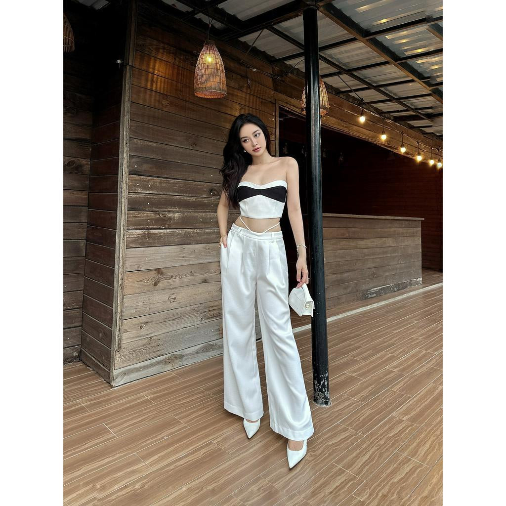 Set Linen Strapless Crochet Top with Robe + Straight Pants LSEOUL B23041303 Elegant Sexy 