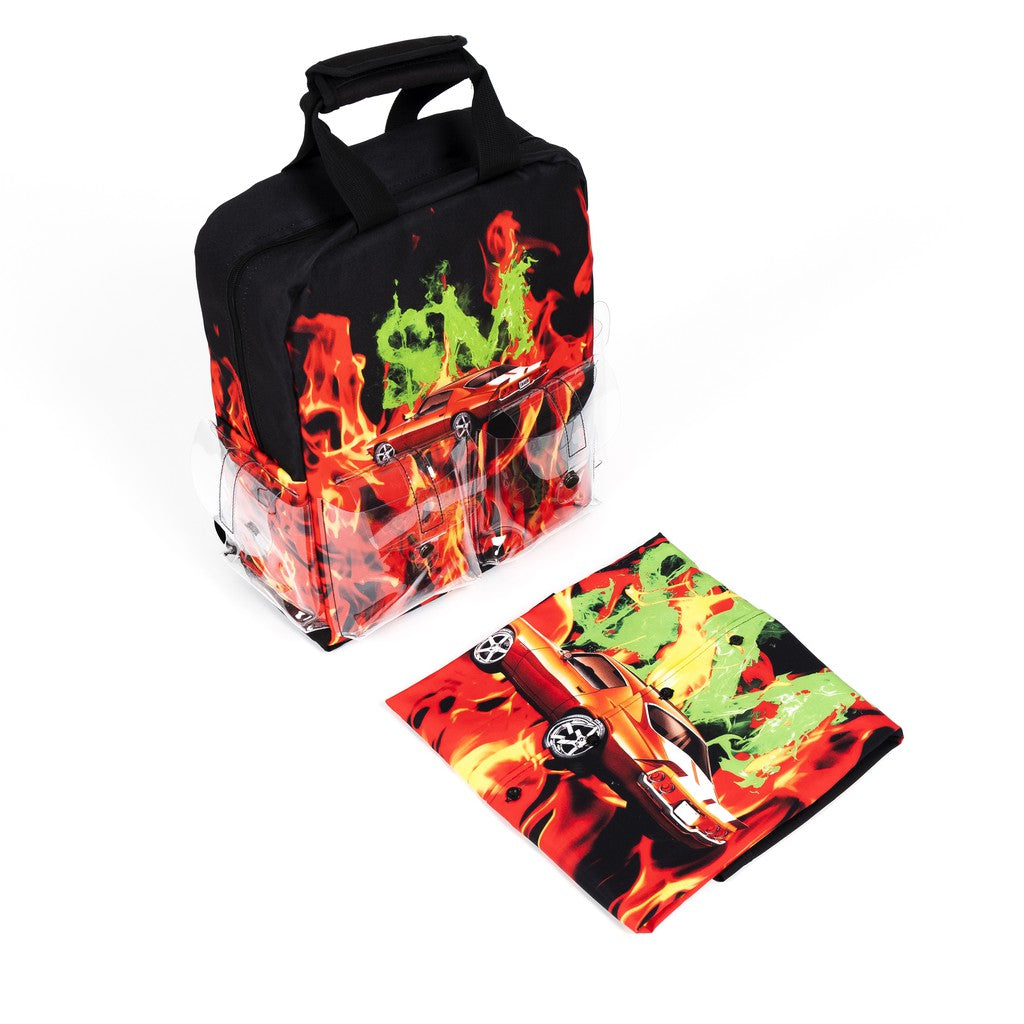 [SMAKER] Fashionable backpack with flame print, hiphop style, transparent pocket - "FLAMETHROWER" BACKPACK