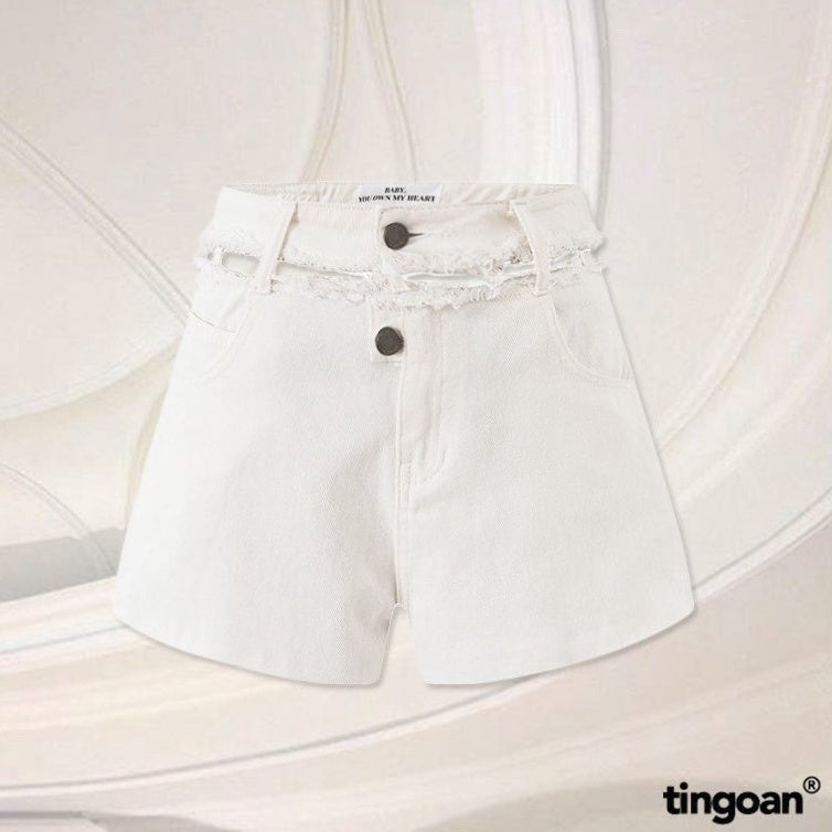 TINGOAN® - MAMIII JEANS SHORTS/WH white fringe cropped scorpion shorts