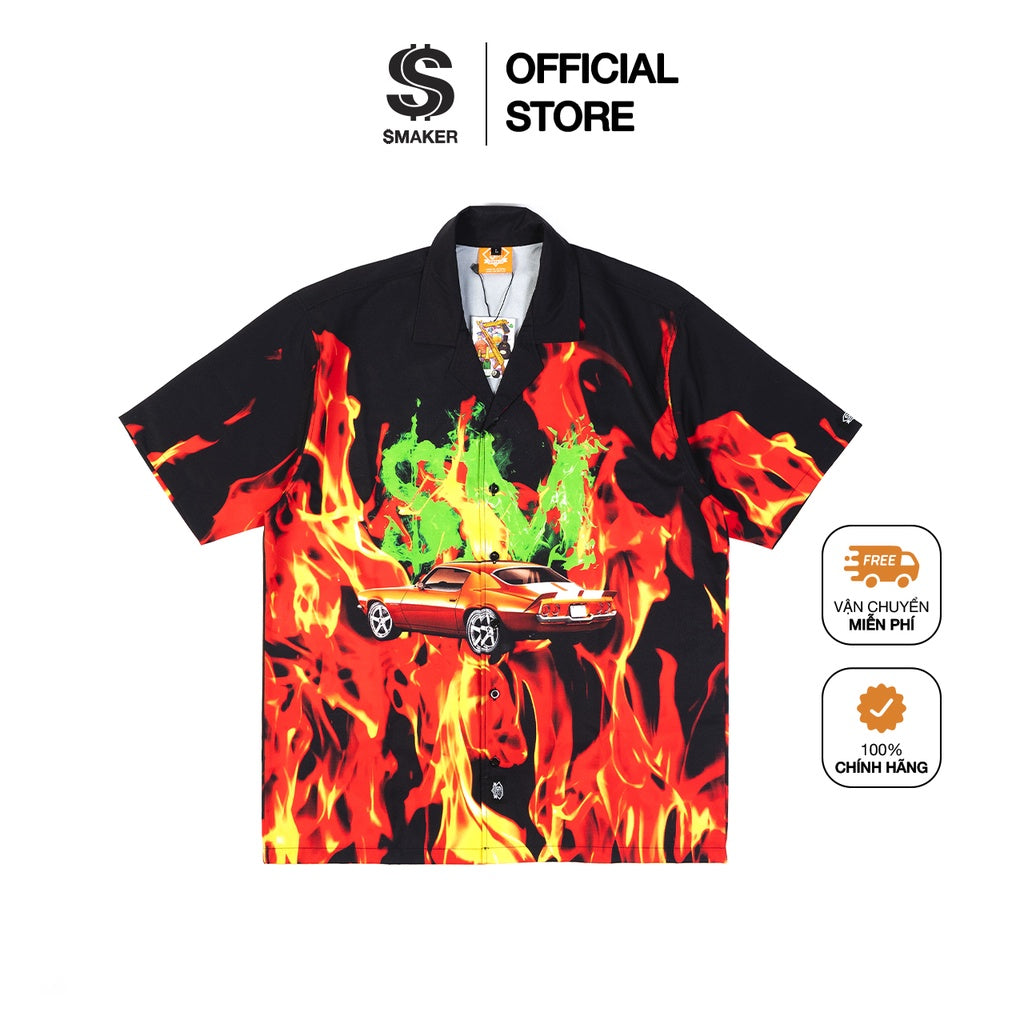 [SMAKER]  Áo sơ mi tay ngắn nam nữ Unisex hoạ tiết ngọn lửa form rộng, local brand chính hãng - "FLAMETHROWER" SHIRT