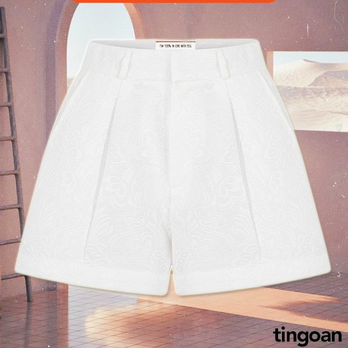 TINGOAN® - LIBRA SHORTS/WH white brocade high-waisted shorts