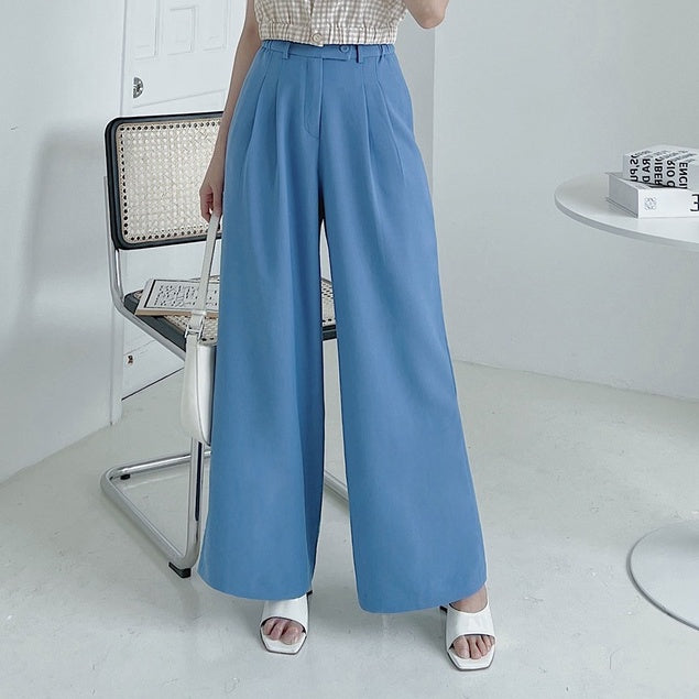 Women's Wide Leg Trousers with Ripped Buttons and Elastic Ribs - Office Straight Straight Leg Pants VIENNE TRAN V64W21Q001