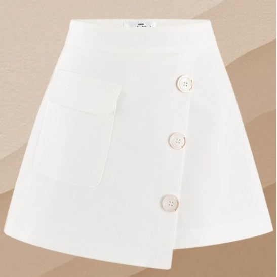 TINGOAN® - SOFT GLAM SKORTS/WH high-waisted 3-button white diagonal skirt pants