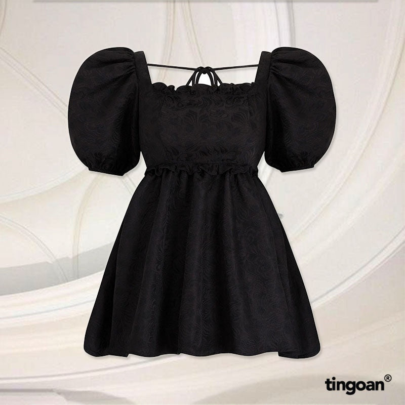 TINGOAN® - Brocade babydoll shirt with square collar and black bow tie back I'M BLUSHING TOP/BL