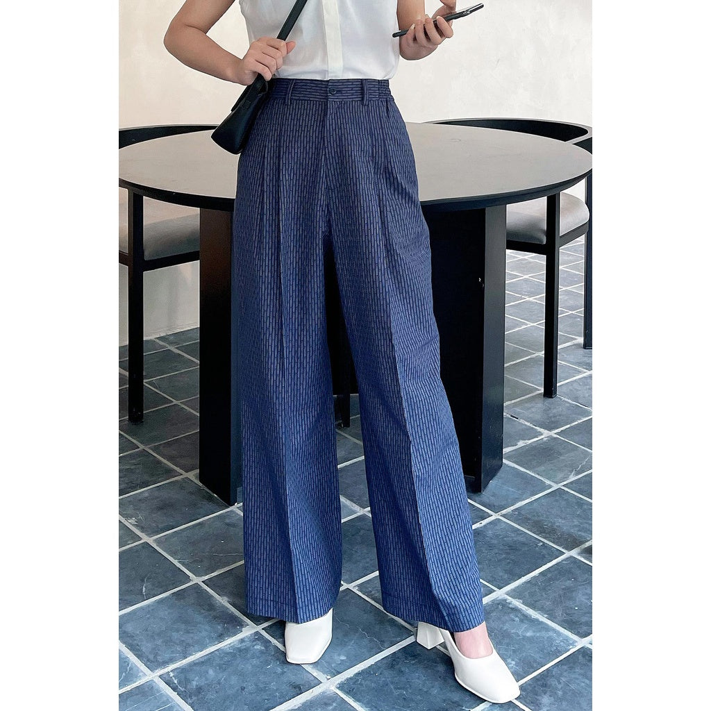 Women's wide-leg pants with high waist elastic - Youthful blue striped women's straight pants VIENNE TRAN V64W22H010