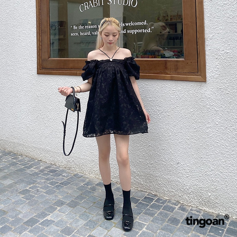 TINGOAN® - 3-layer puffy babydoll shirt that can be worn in 2 black floral styles with pearl button details MINI HEART TOP/BL