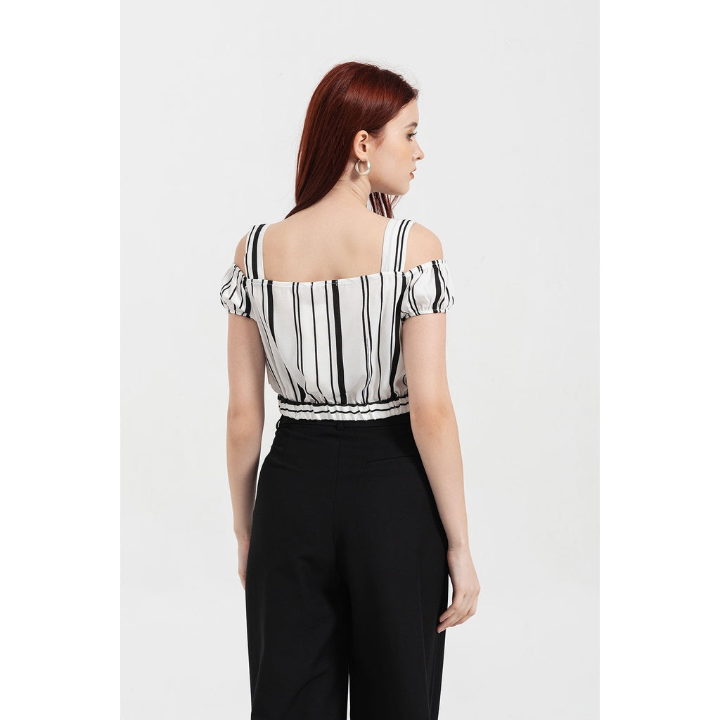 Women's off-shoulder crop top with elasticized hem - VIENNE TRAN designer off-shoulder shirt V61R21H028