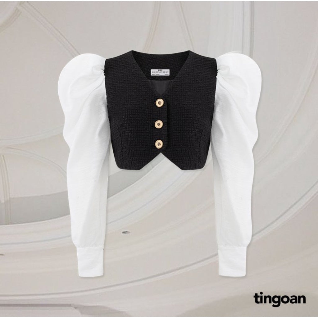 TINGOAN® - Cropped tweed shirt with black puffed shoulders IN PARIS TWEED TOP/BL