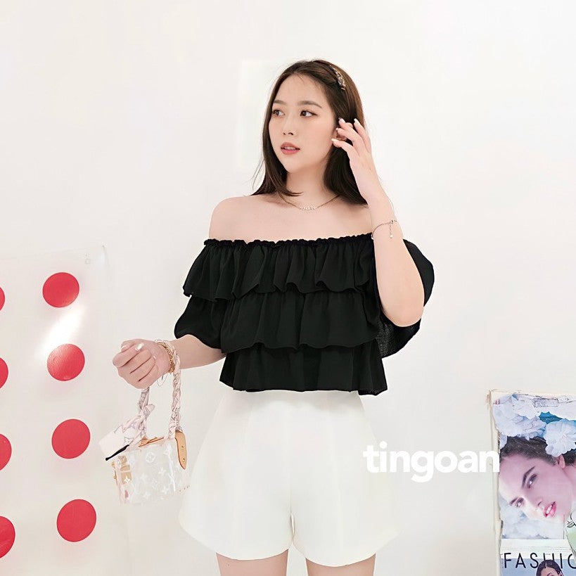 TINGOAN® - Áo trễ vai crop 3 tầng đen BOY BYE OFF/BL