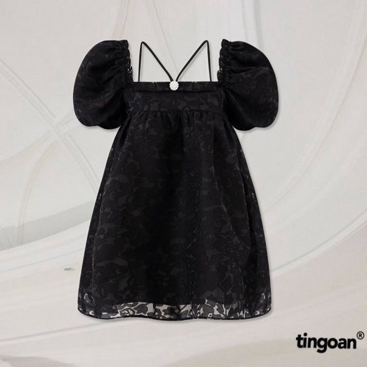 TINGOAN® - 3-layer puffy babydoll shirt that can be worn in 2 black floral styles with pearl button details MINI HEART TOP/BL