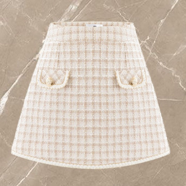 TINGOAN® - Nude 2-button high-waist tweed skirt ROSIE SAKURA SKIRT/ND