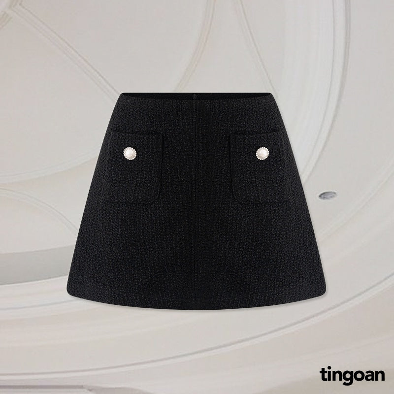 TINGOAN® - Chân váy tweed đen cạp thấp 2 túi đính cúc MOOD FOR LOVE SKIRT/BL