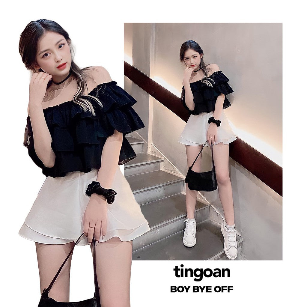 TINGOAN® - Áo trễ vai crop 3 tầng đen BOY BYE OFF/BL