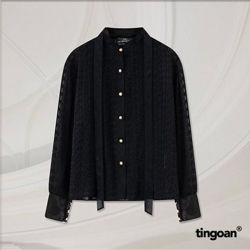 TINGOAN® - Áo somi xuyên thấu cổ đứng kèm dây phối bóng kính đen GLOSSIE BLOUSE/BL