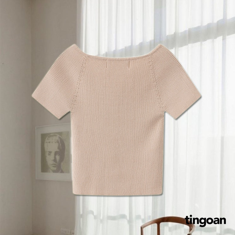 TINGOAN® - MISSIN' U TOP/ND short-sleeved cross-strap nude cropped ruffled sweater latest version October 2023