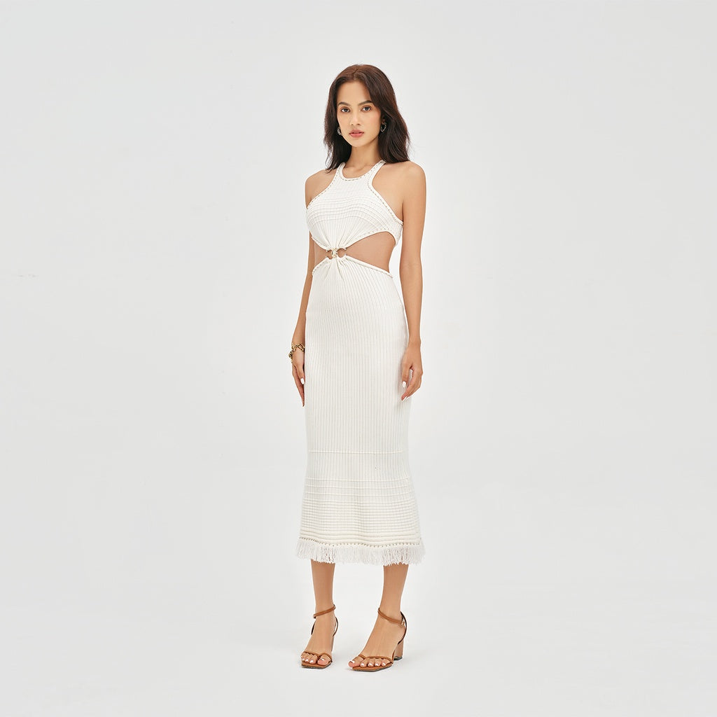 DEAR JOSÉ - Artemis cut-waist long dress in white ribbed wool fabric