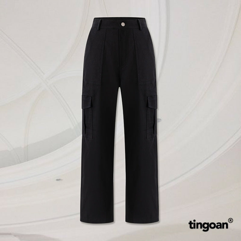 TINGOAN® - Regular-waisted black khaki pants with box pockets on both sides LOVE REMOVER PANTS/BL