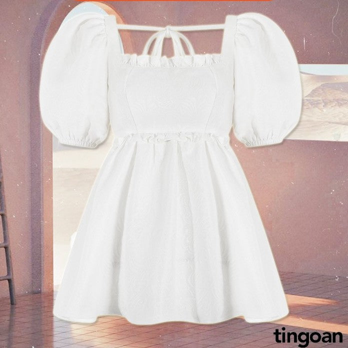 TINGOAN® - I'M BLUSHING TOP/WH white brocade square neck babydoll shirt