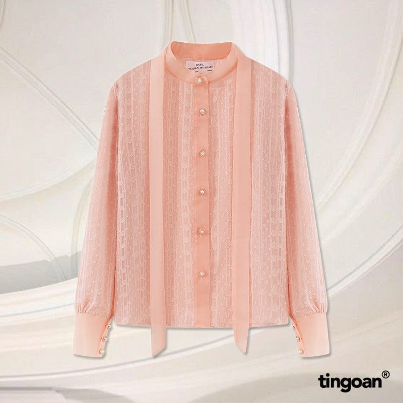 TINGOAN® - See-through blouse with stand collar and matching string with pink shades GLOSSIE BLOUSE/PK