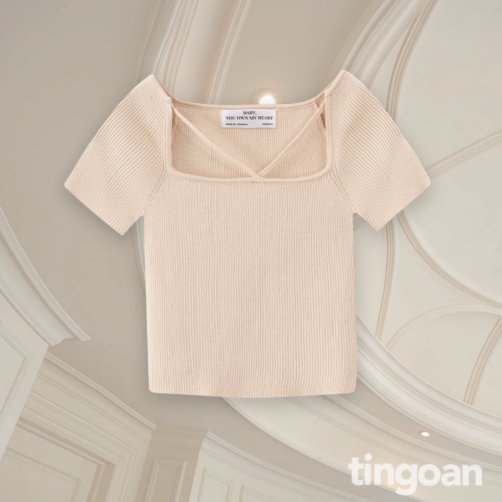 TINGOAN® - Áo len xù crop ngắn tay chéo dây nude MISSIN' U TOP/ND phiên bản mới nhất tháng 10 năm 2023