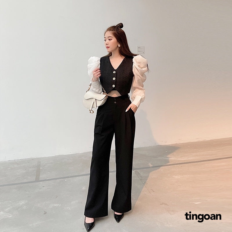 TINGOAN® - Áo tweed crop tay phối tơ vai bồng đen IN PARIS TWEED TOP/BL