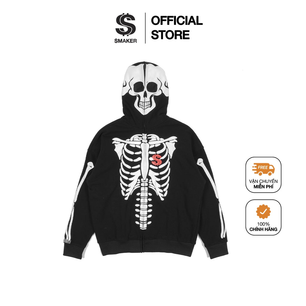 [SMAKER] Outerwears Sweater Local Brand, skull pattern, cotton Unisex Sweatshirts -"SKELETON" ZIPPED HOODIE