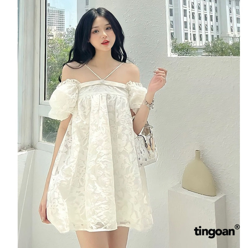 TINGOAN® - 3-layer puffy babydoll shirt that can be worn in 2 white floral patterns with pearl button details MINI HEART TOP/WH