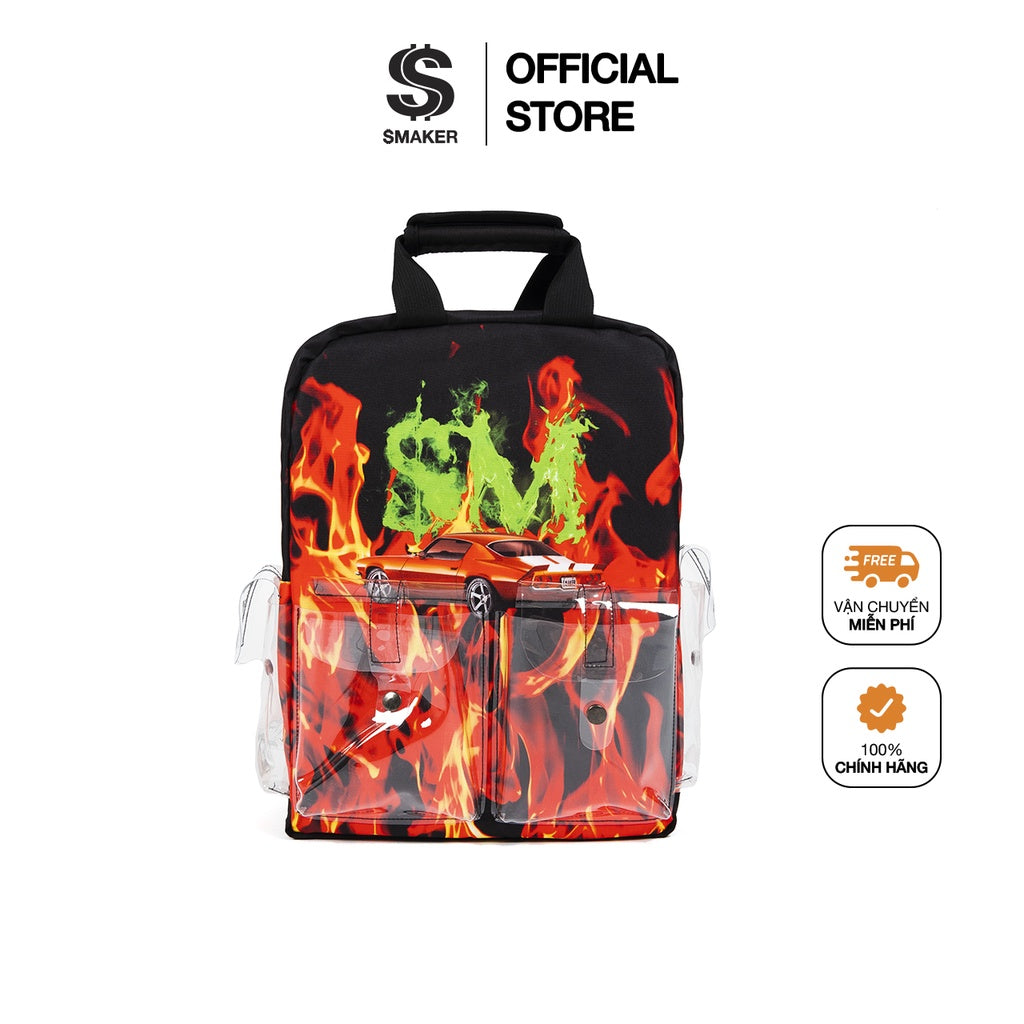 [SMAKER] Fashionable backpack with flame print, hiphop style, transparent pocket - "FLAMETHROWER" BACKPACK