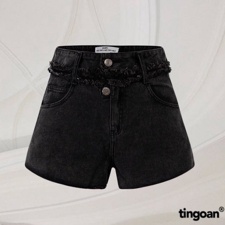 TINGOAN® - MAMIII JEANS SHORTS/LC black cropped scorpion shorts with fringe cut hem