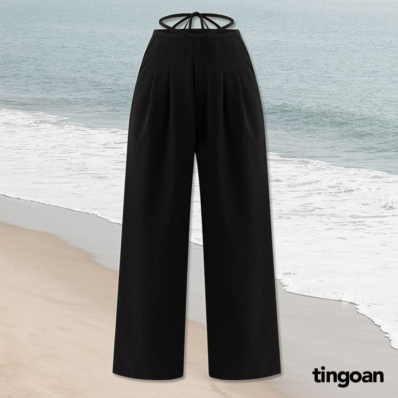 TINGOAN® - JANE CULOTTES v2/BL wrinkle-resistant wide-leg trousers with bow tie waist